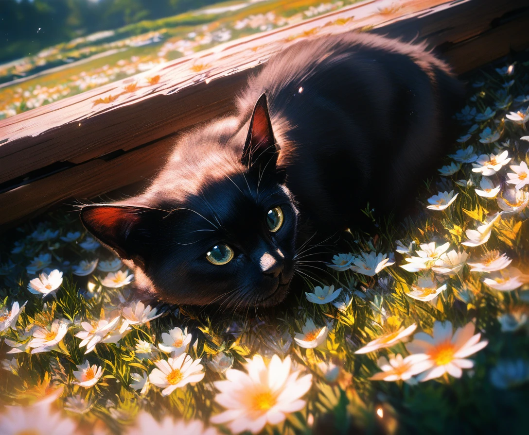 Gatinho preto descansando em um banco de madeira entre flores de primavera