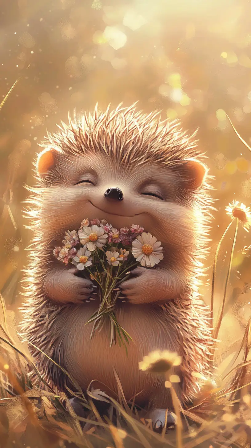 溫暖陽光下抱著花朵的可愛小刺蝟插畫