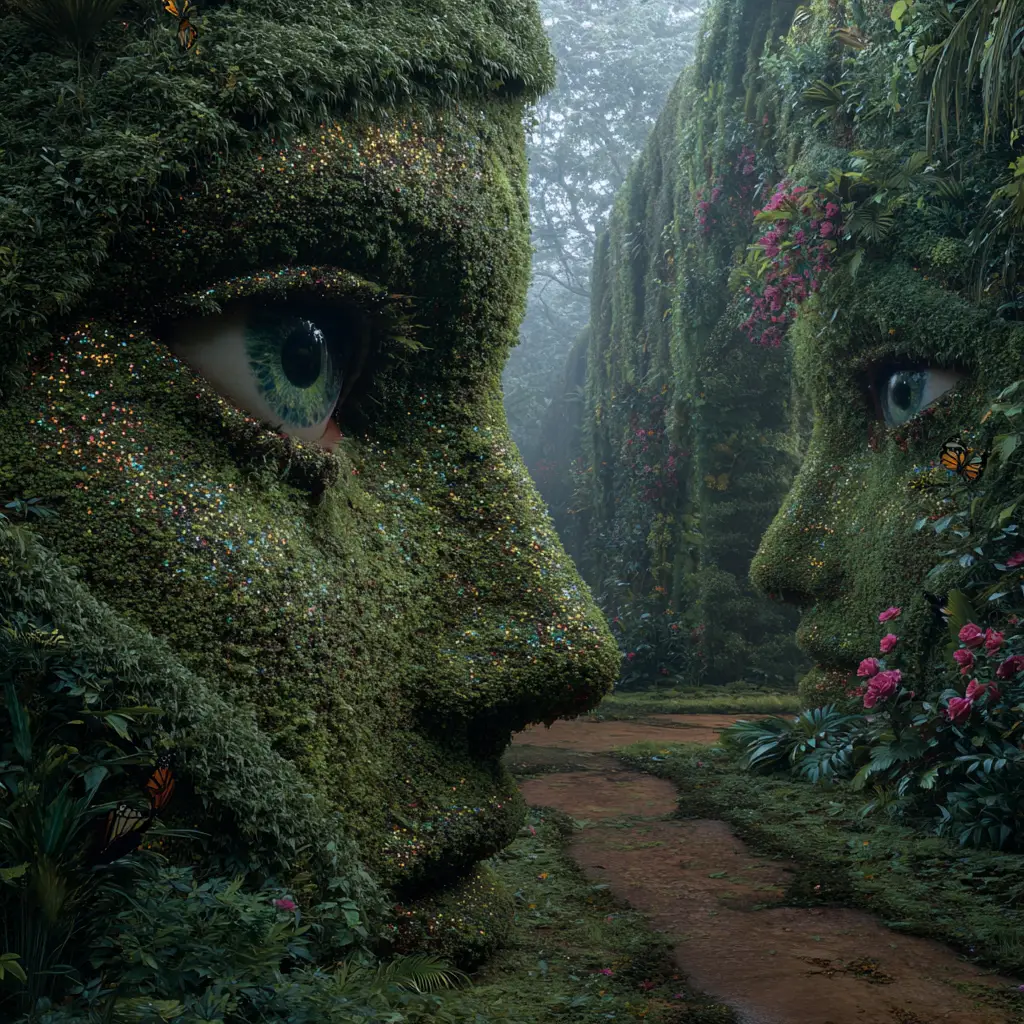 Surrealer Gartenlabyrinth aus lebenden Formschnitt-Gesichtern und Augen