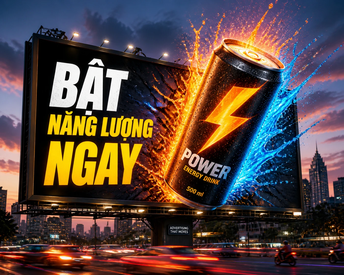 Lata de energético explodindo de outdoor urbano ao anoitecer
