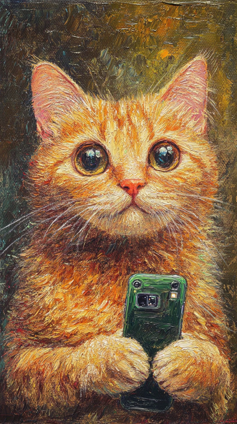 Pintura a óleo de um gato surpreso segurando um smartphone