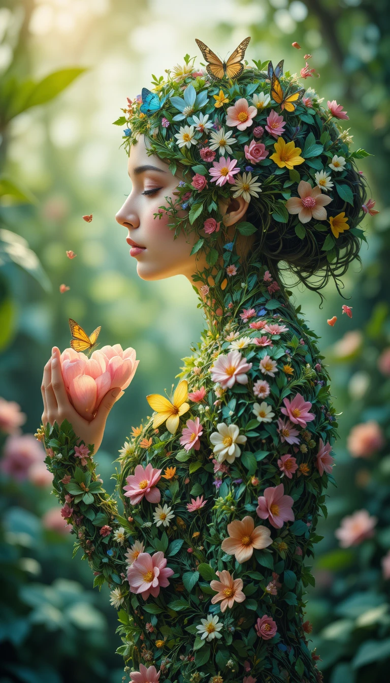 花びらのハートを抱く横顔の幻想的な女性
