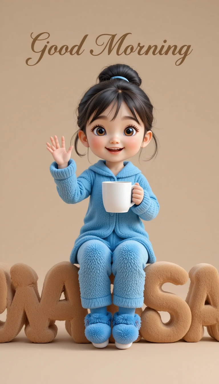 可愛 3D 少女坐在毛絨絨的 Tuesday 英文字上