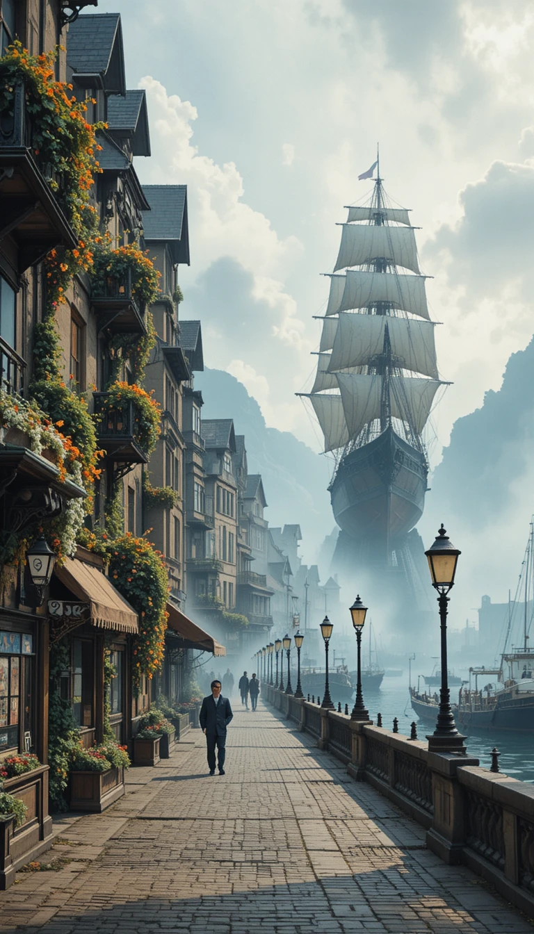 Steampunk-Stadt am Wasser mit Segelschiff im sanften Nebel