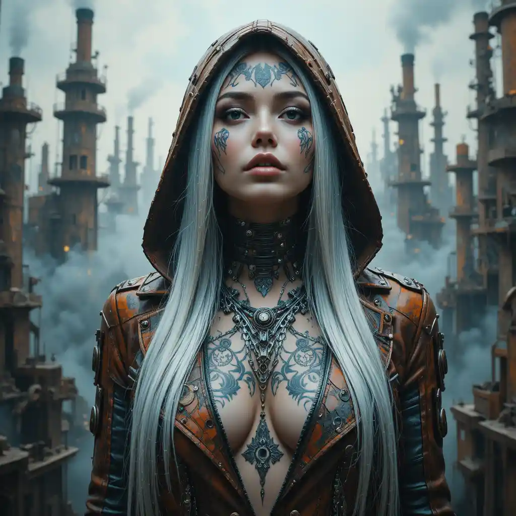 Femme cybernétique devant une vaste cité mécanique steampunk