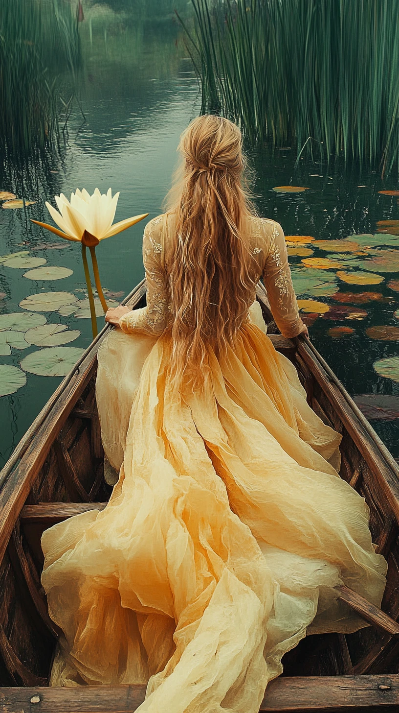 Mulher em vestido dourado sozinha em um barco sobre água parada