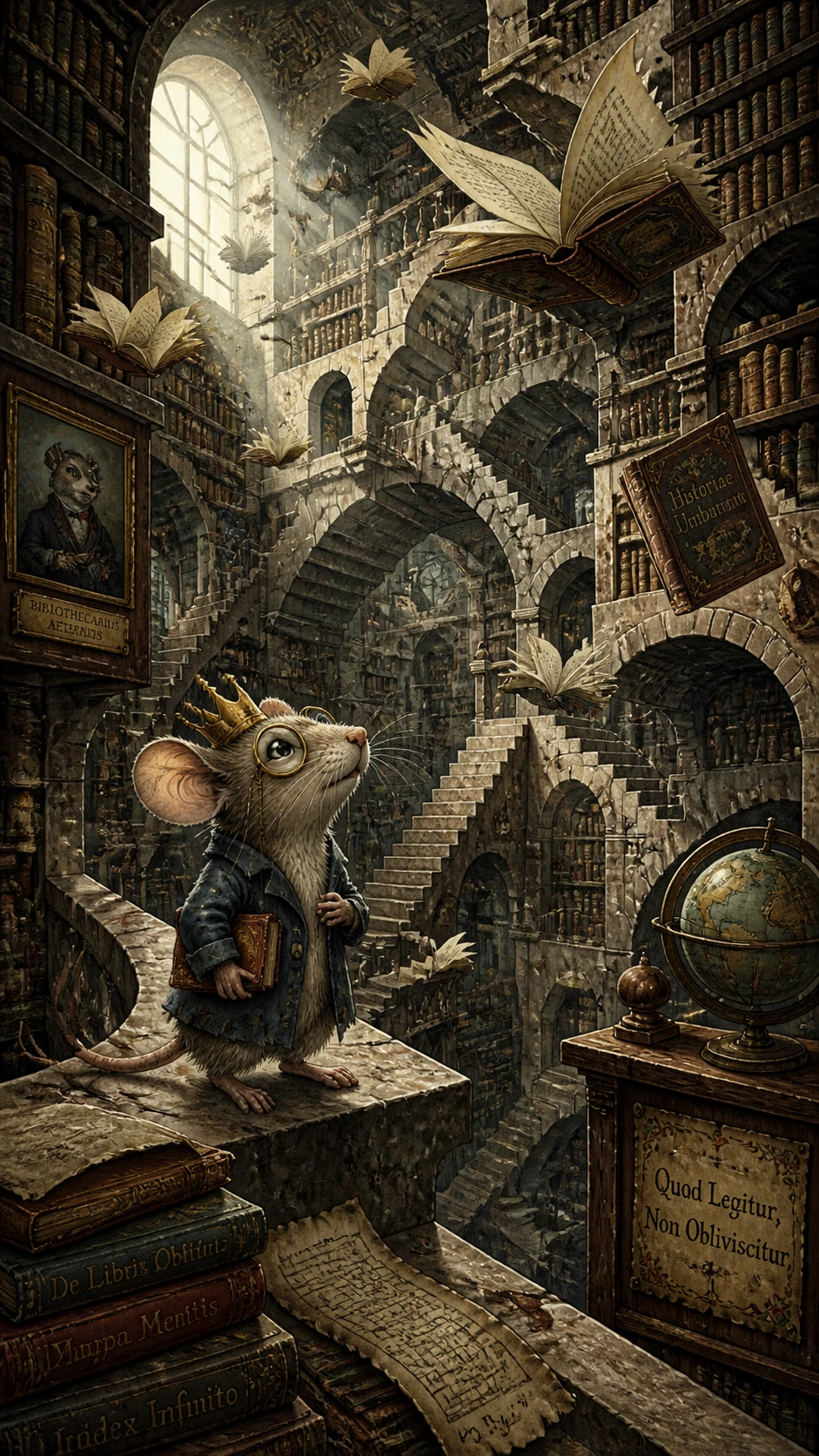 Rato curioso explora uma biblioteca labiríntica surreal com livros voadores