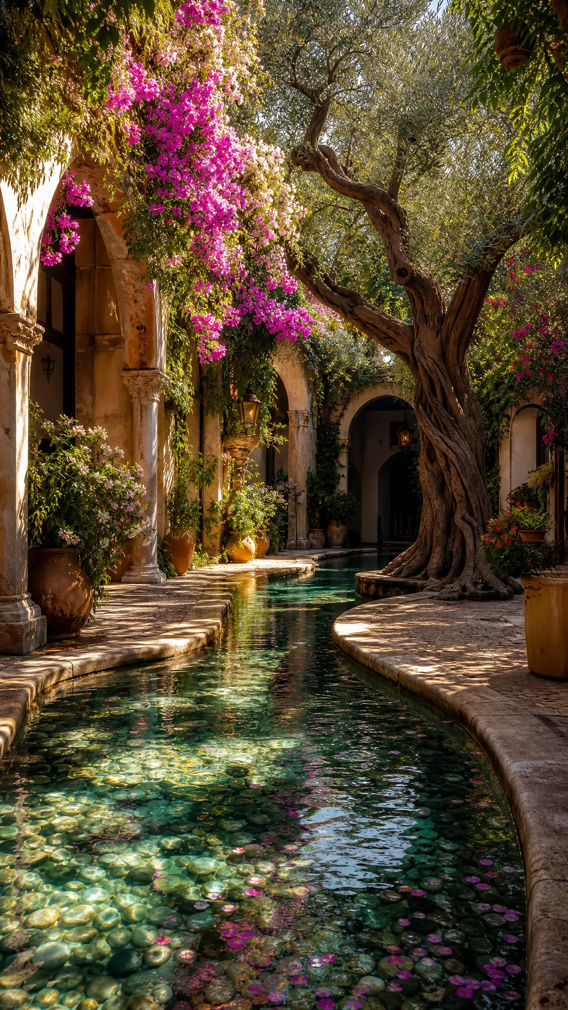 Golden hour light over a serpentine Mediterranean courtyard pool