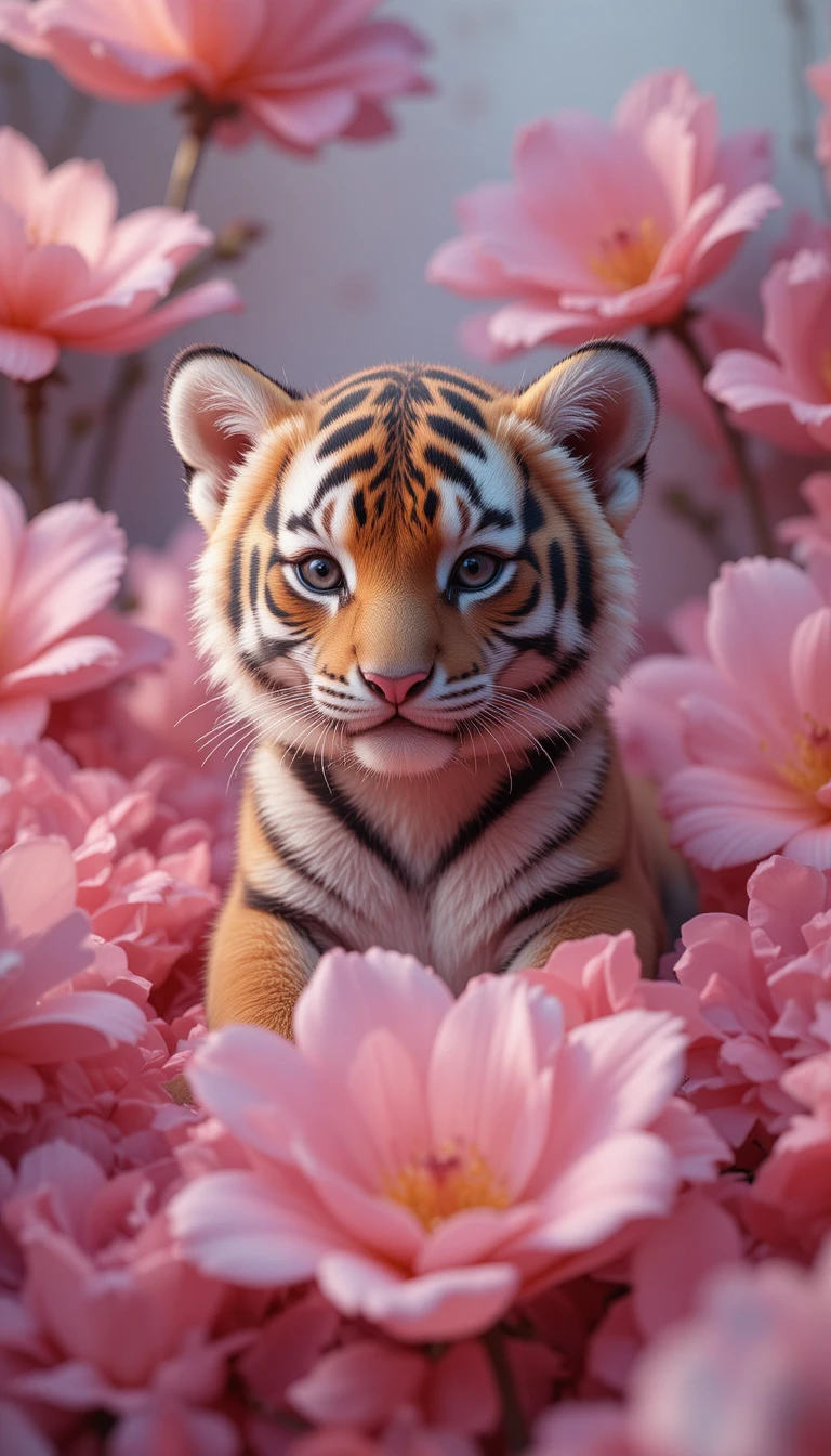 Adorable bébé tigre niché dans de doux pétales de fleurs roses