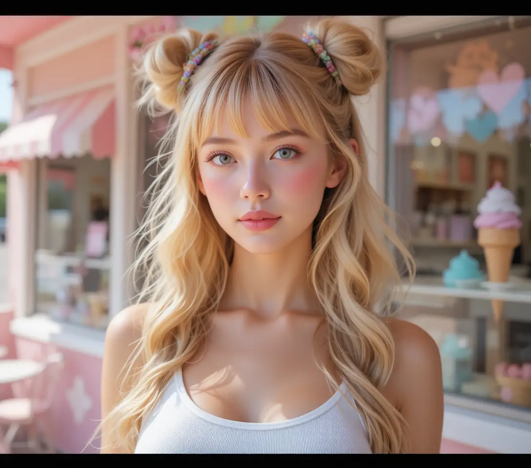 白色背心金髮女孩在粉紅色冰淇淋店