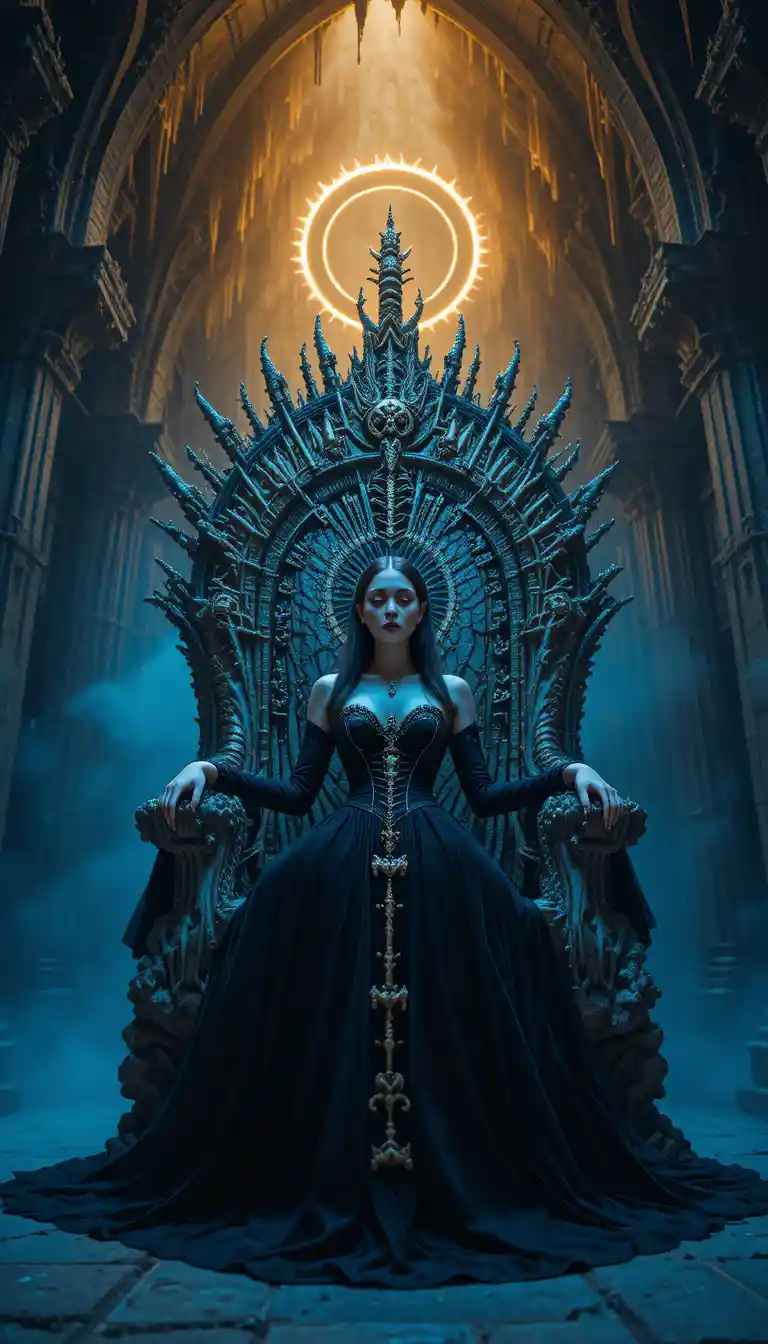 Gothic woman on a throne of bones in misty crypt