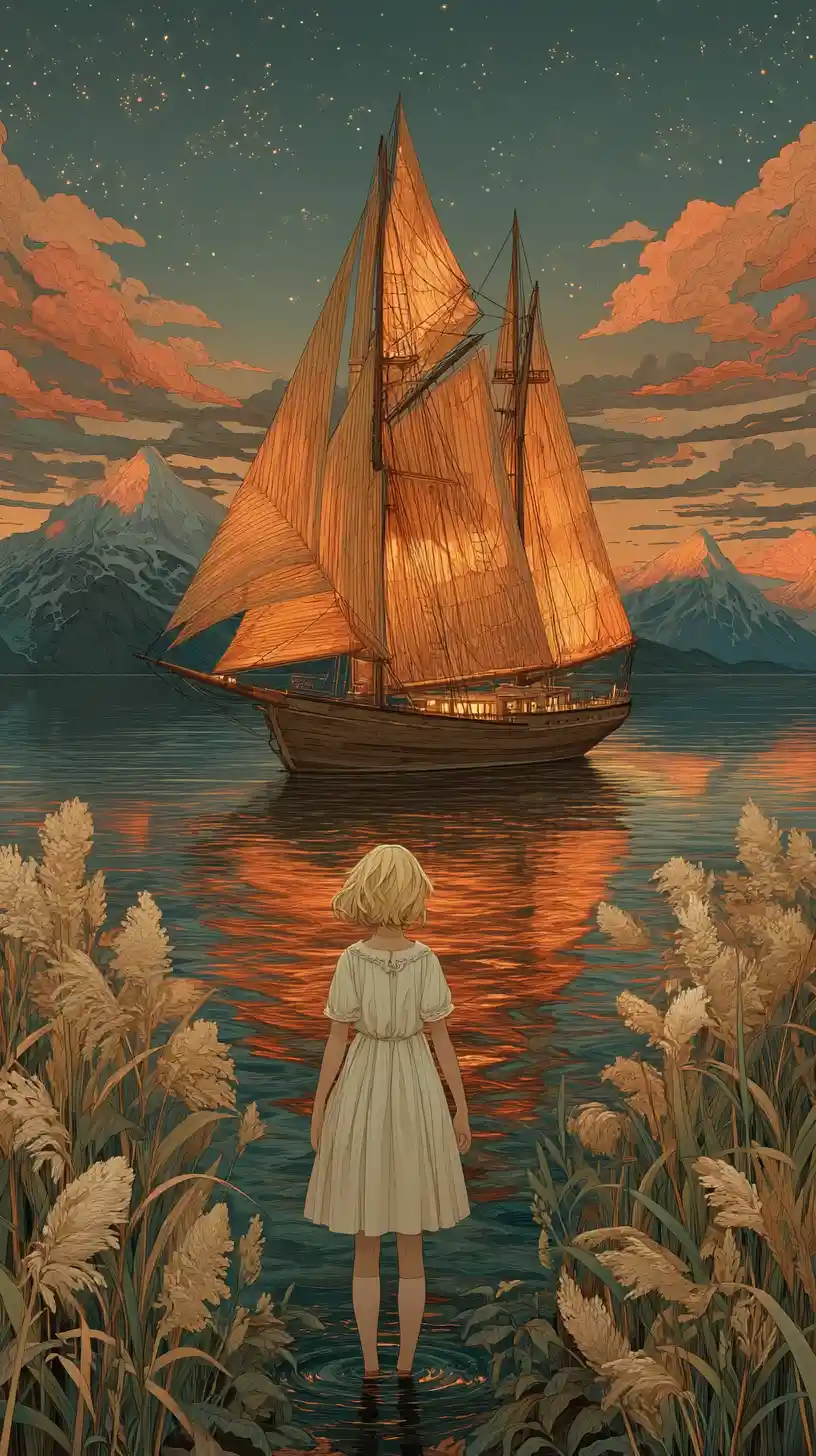 Niña Lanzando un Barco Mágico en un Lago Dorado al Atardecer