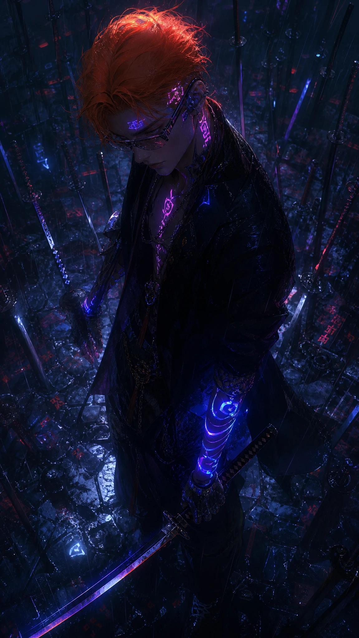 Guerrier cyberpunk aux runes lumineuses dans une ville néon sombre