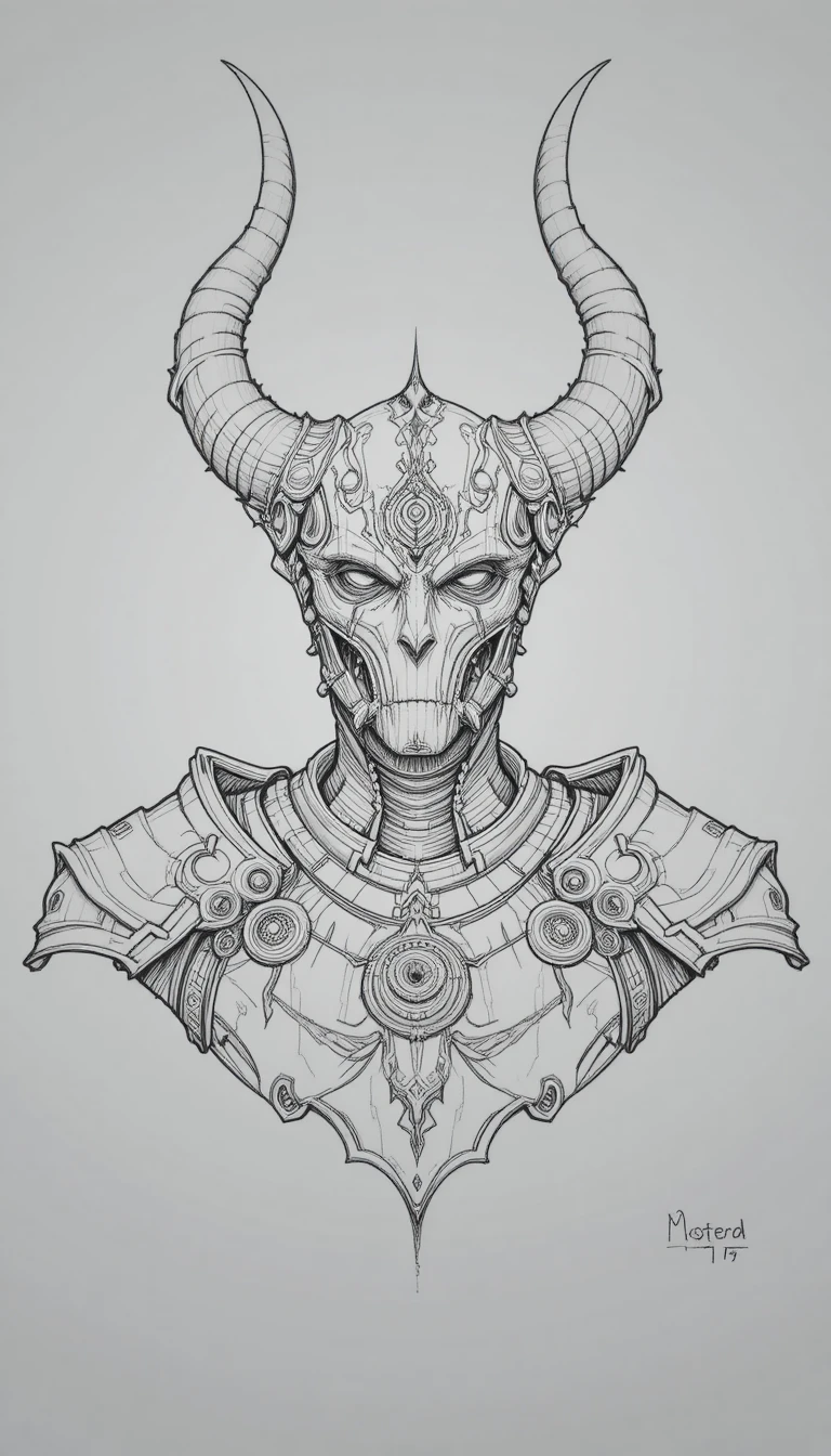 Dessin conceptuel au crayon de buste avec casque à cornes fantastique