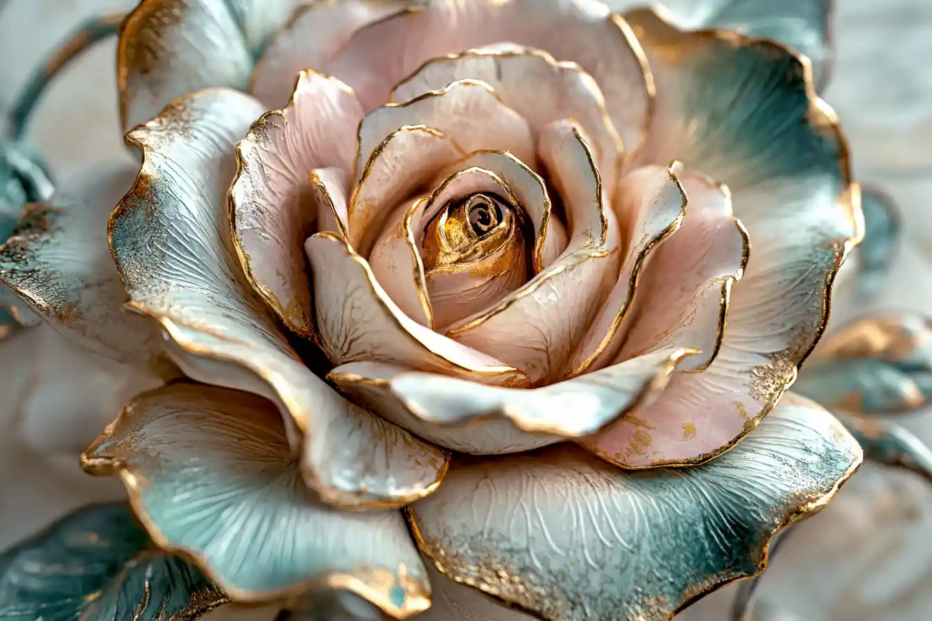 Intricate 3d rendered metallic rose with porcelain tones