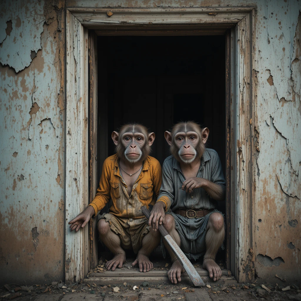 Casa antiga com dois macacos em roupas coloridas e gastas