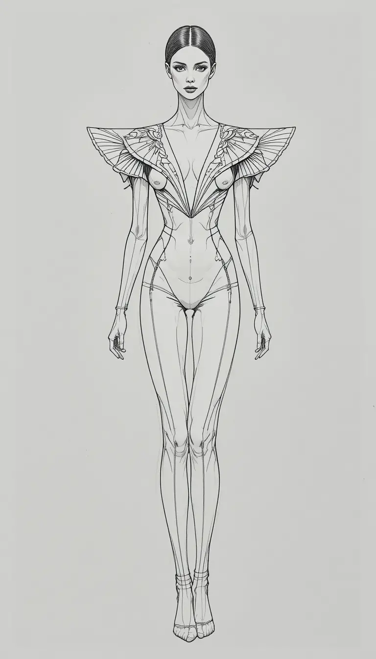 Androgynous haute couture fashion sketch with architectural gown