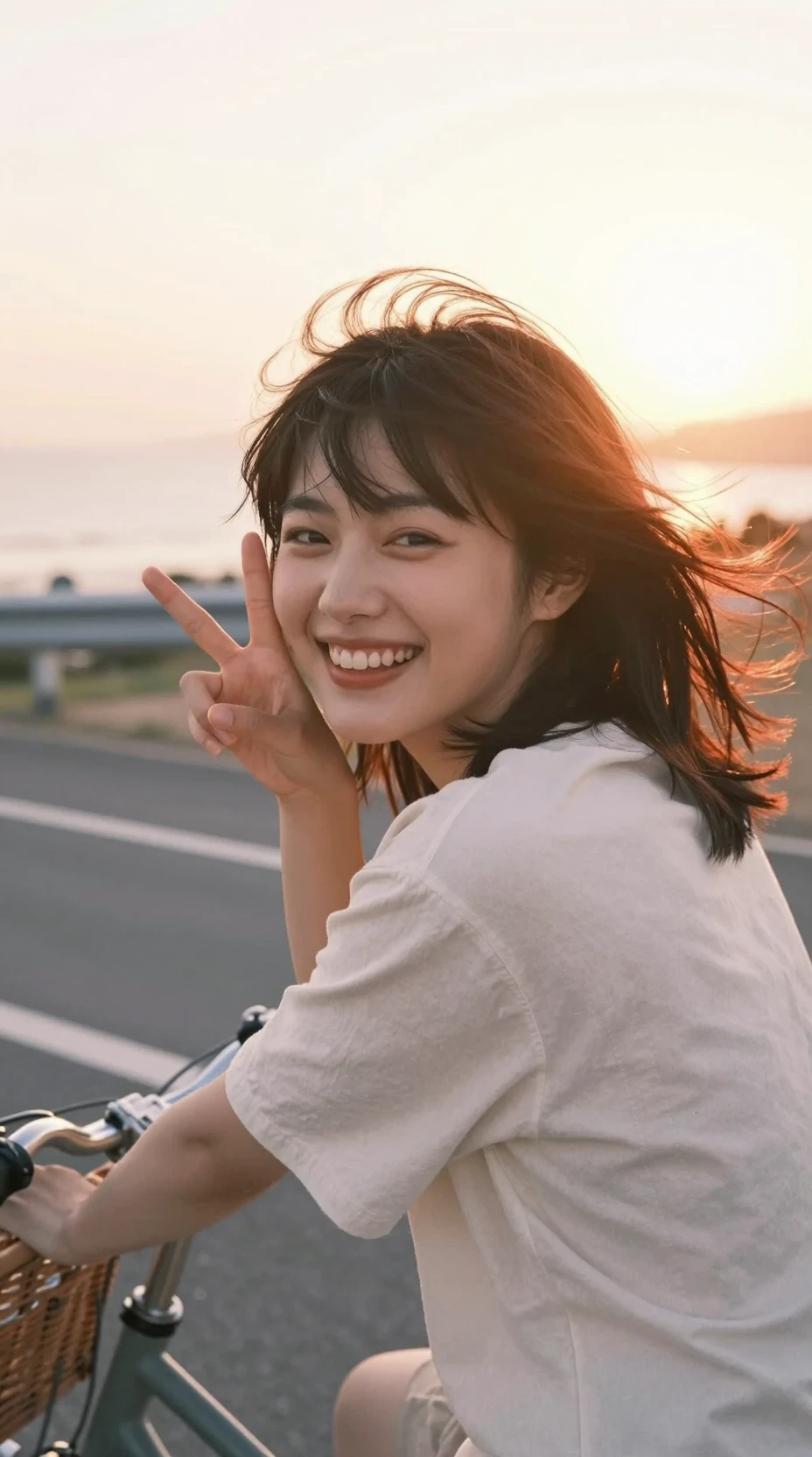 Lächelndes japanisches Mädchen auf dem Fahrrad an der Küste bei Sonnenuntergang