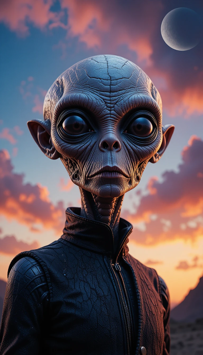 고대 humanoid 외계인 초상의 시네마틱 클로즈업