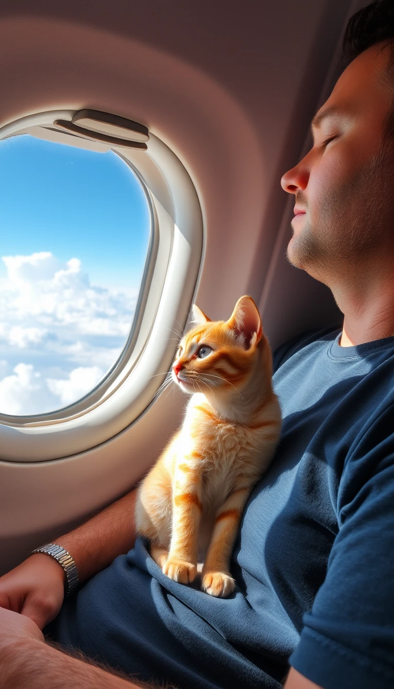 Gato tigrado amarelo no colo de um homem olhando pela janela do avião