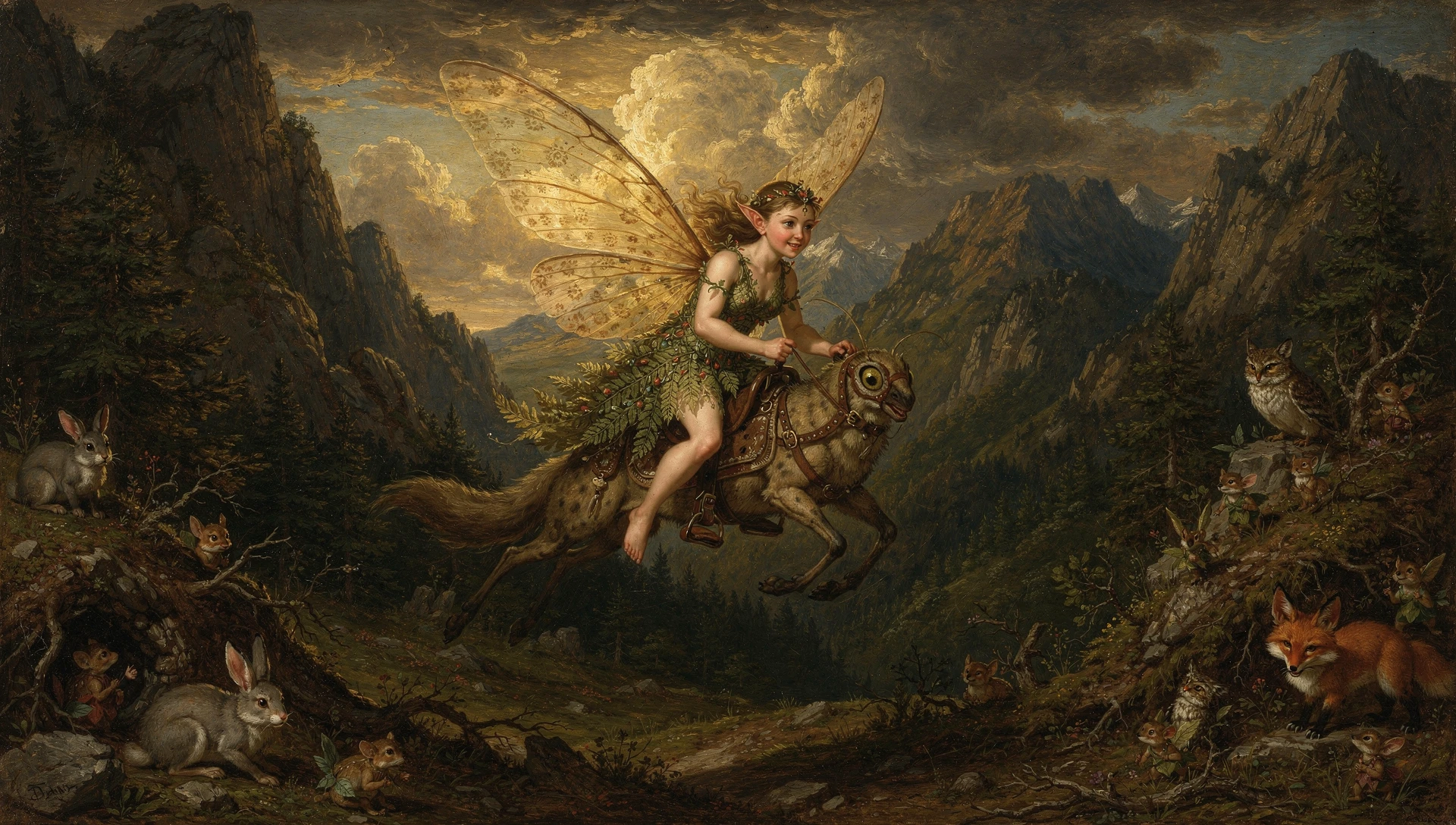 Forest sprite riding a saddled moth through mountain valley