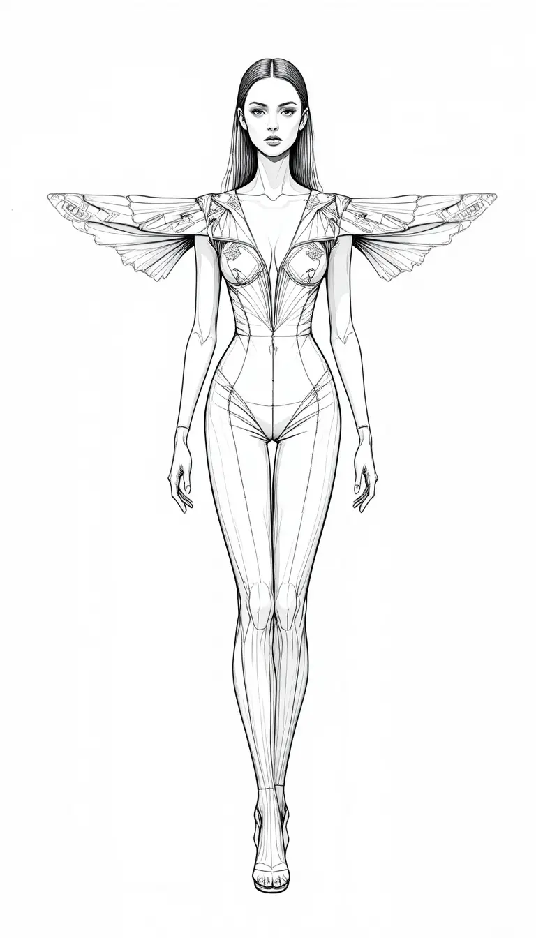 Androgynous fashion figure in sculptural couture gown sketch