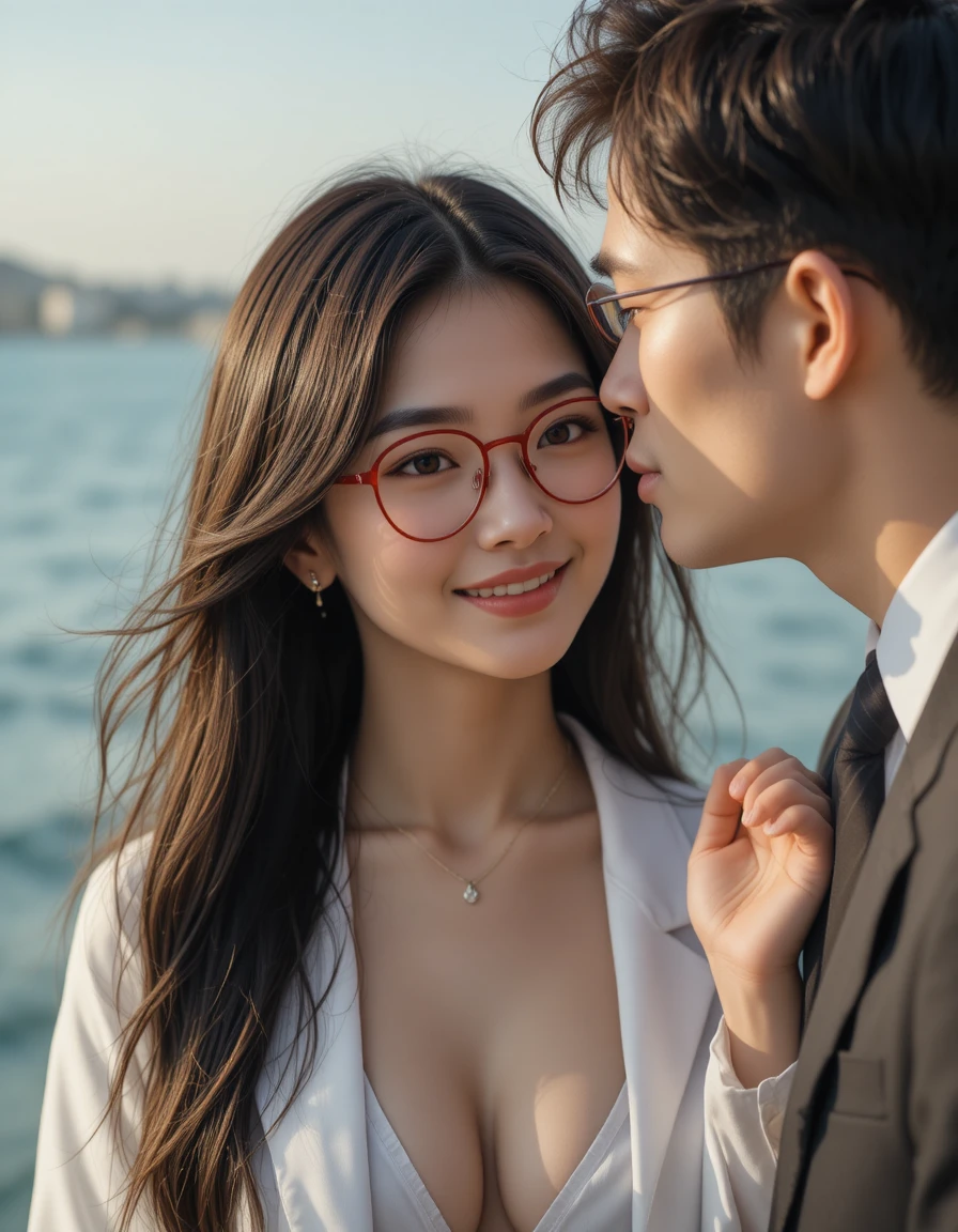 Elegante japanische Frau mit roter Brille am Meer