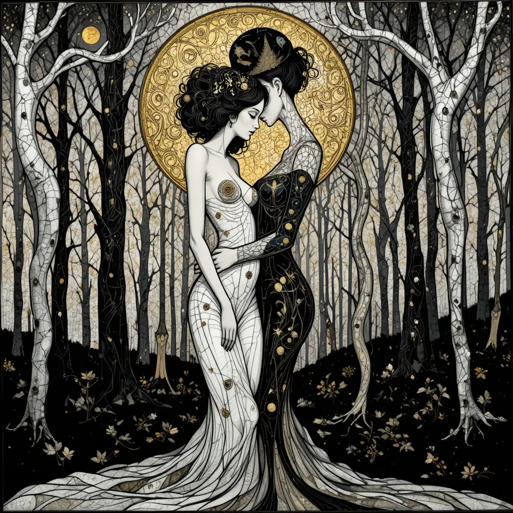 Figures abstraites monochromes dans une mosaïque ornementale au clair de lune