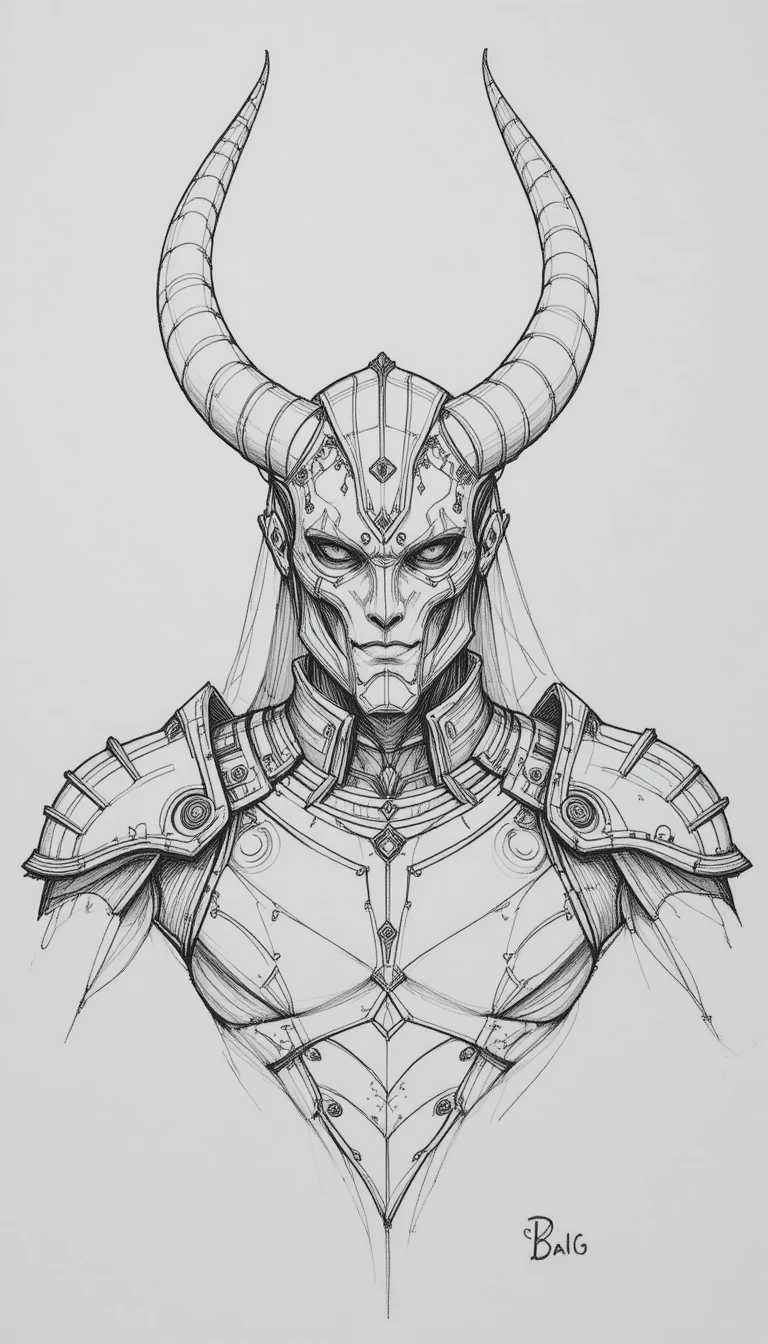 Horned fantasy armored bust pencil concept drawing