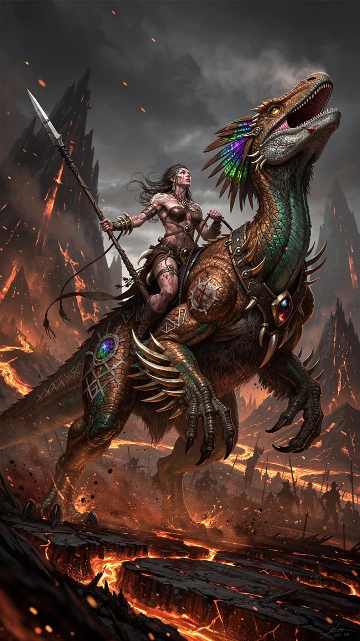 Guerreira deusa primordial montando um colossal dinossauro emplumado