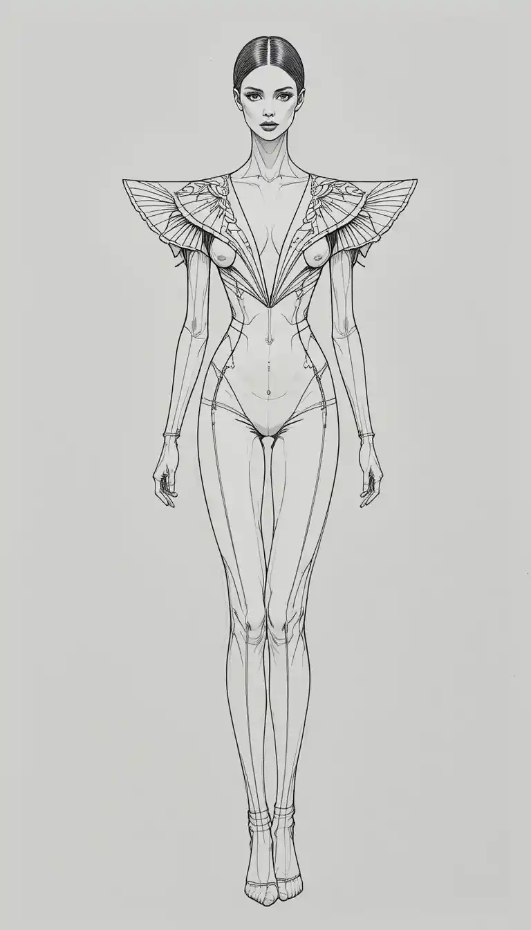 Androgynous haute couture fashion sketch with architectural gown