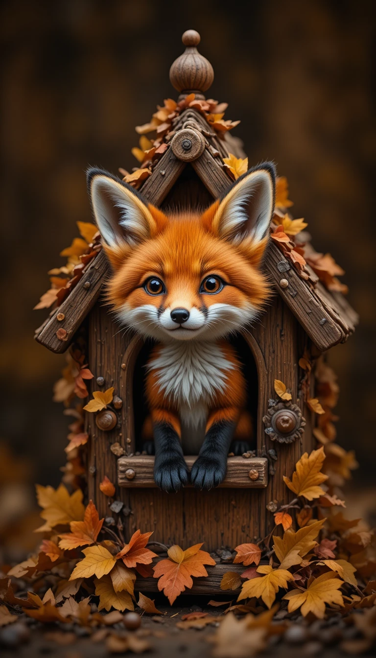 Kleiner roter Fuchs, der aus einem gemütlichen herbstlichen Vogelhaus lugt