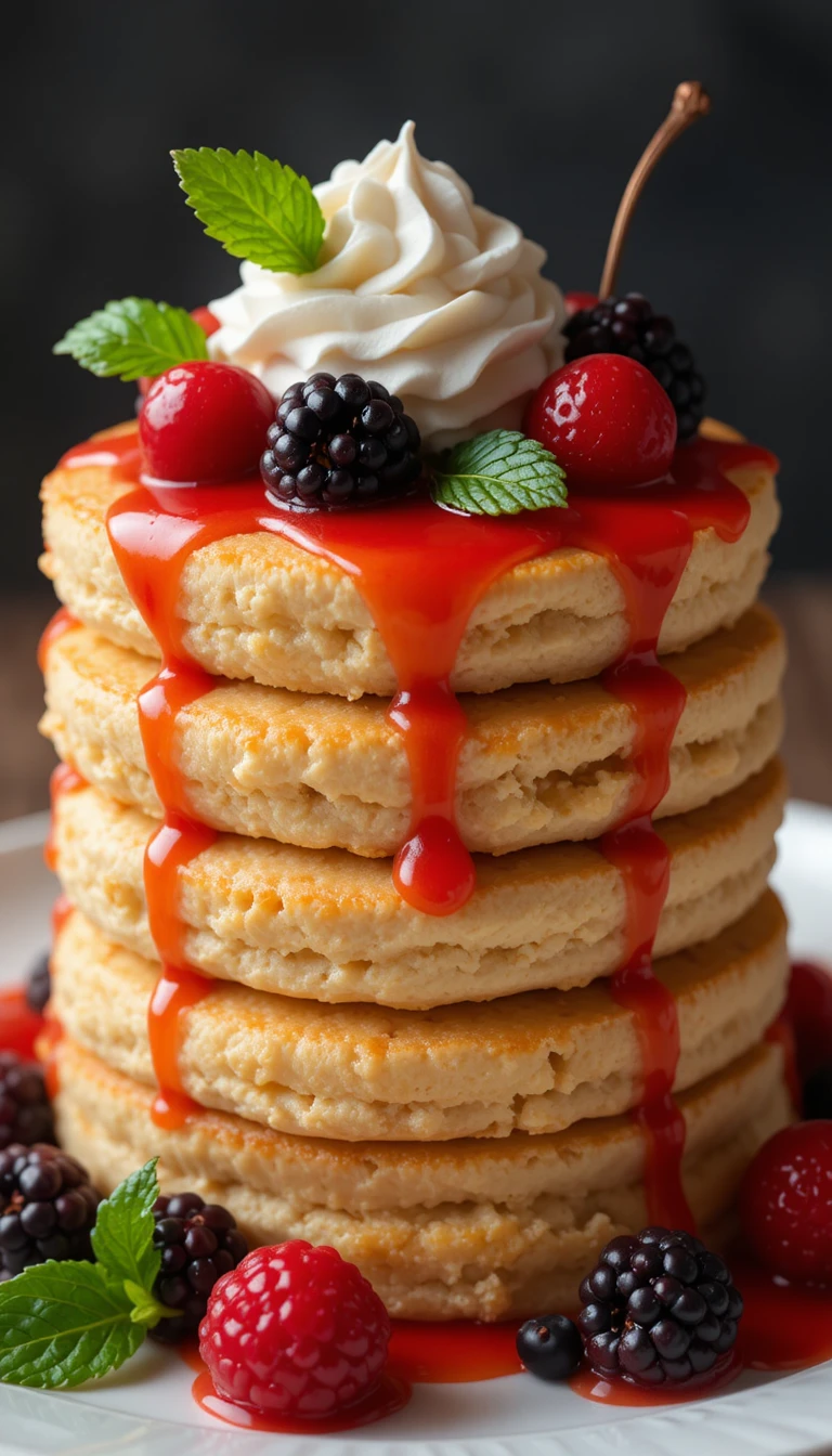 Geschichtetes Vanillepudding-Dessert mit Karamell- und Beeren-Topping