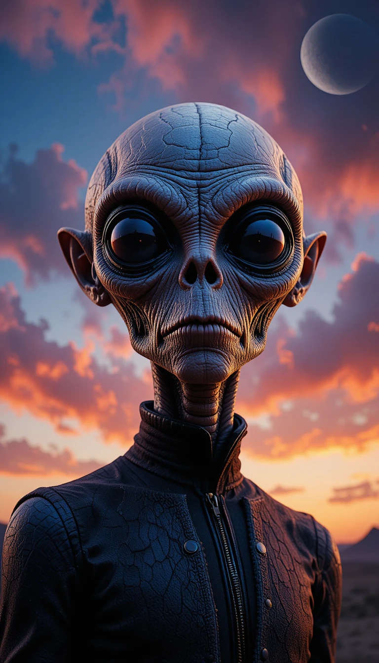 Primer plano cinematográfico de un alienígena humanoide anciano bajo un cielo brumoso