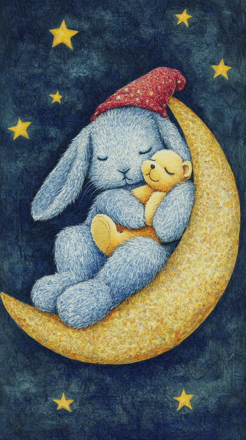 Sleeping rabbit on crescent moon with teddy bear