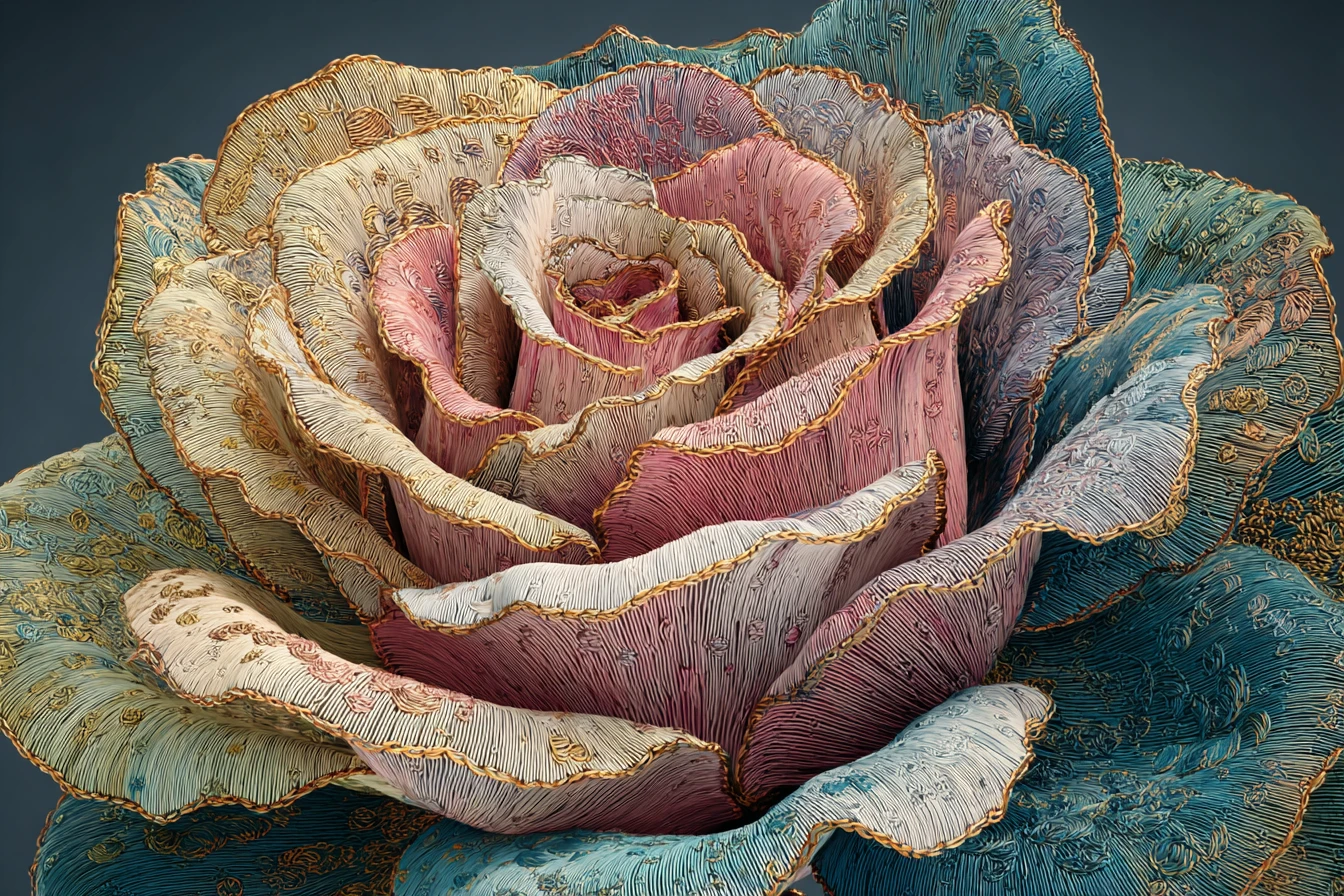 Rosa multicolore elaborata con petali a motivo ornamentale