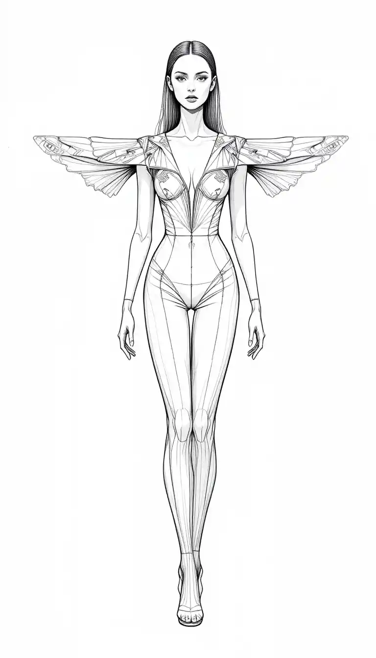 Androgynous fashion figure in sculptural couture gown sketch