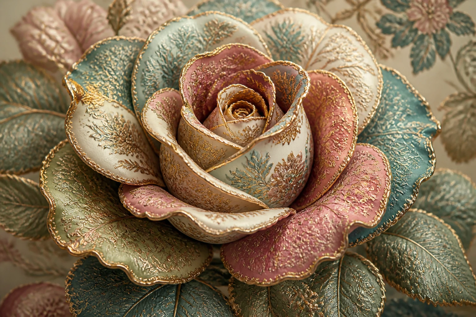 Rosa multicolorida intrincada com pétalas florais gravadas e ornamentadas