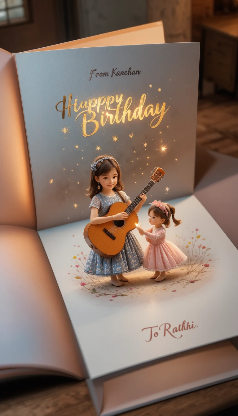 Tarjeta de felicitación en suaves tonos pastel sobre un escritorio de madera cálida