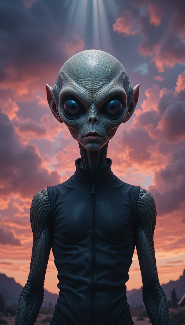 Primer plano cinematográfico de un alienígena anciano bajo un cielo vibrante