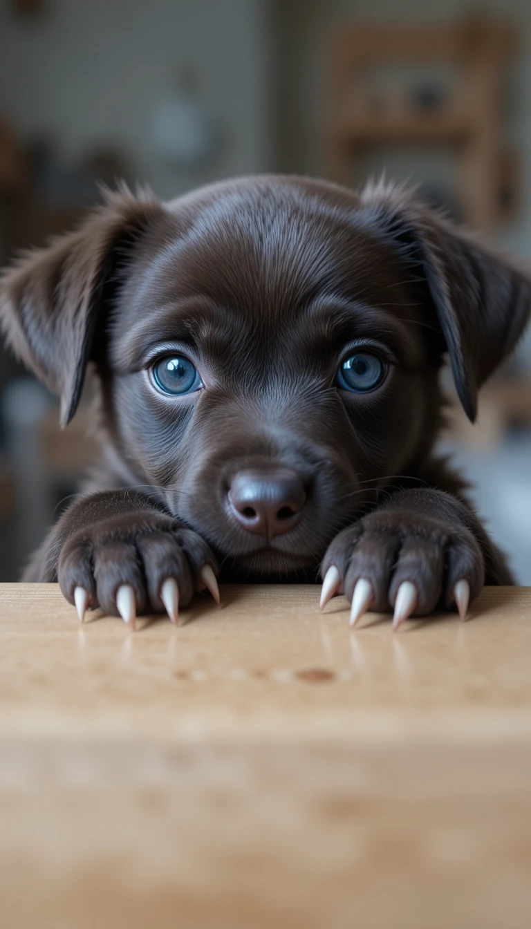 Adorable chiot brun qui regarde par-dessus le bord d’une table en bois
