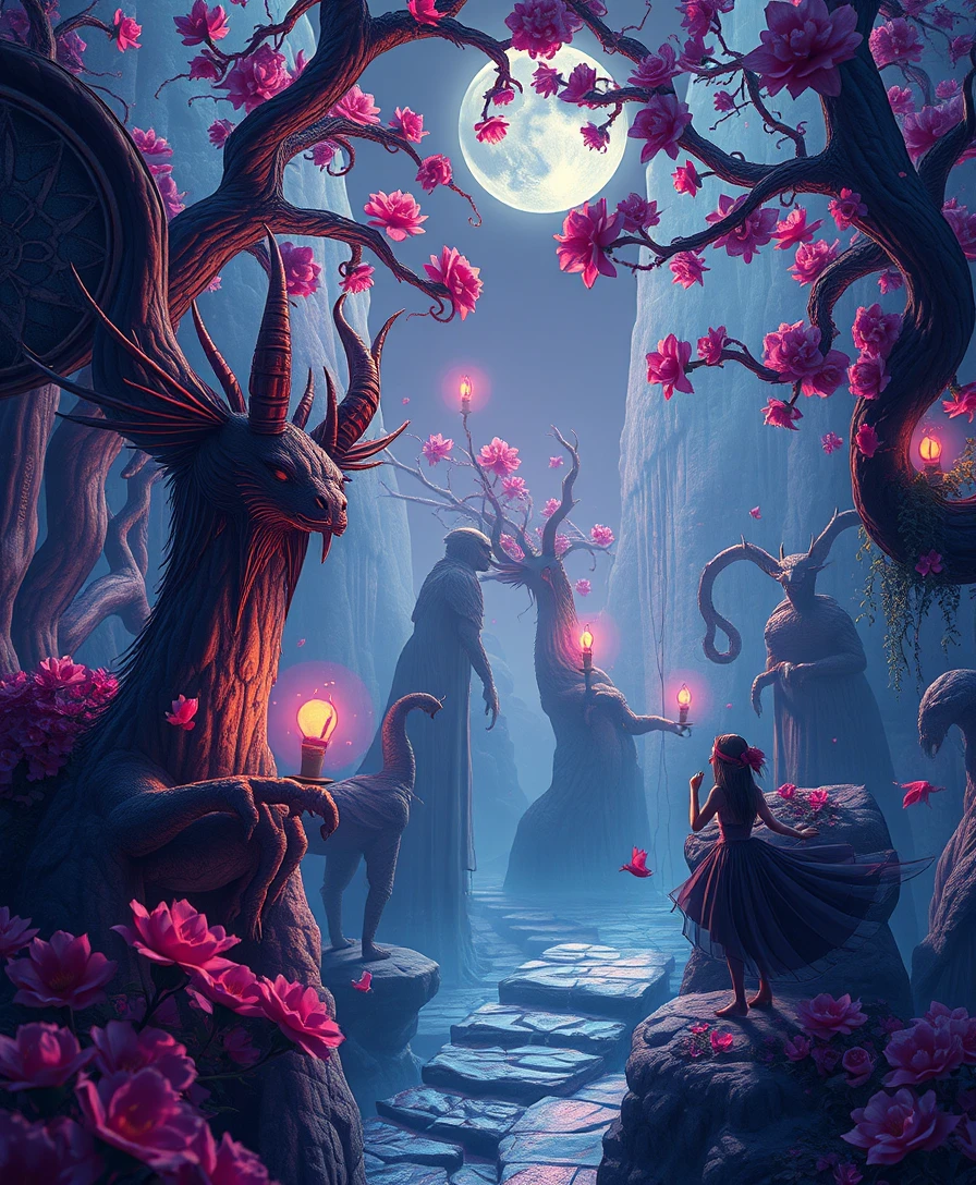 Fantastische Kreaturen in einer mystischen, magischen Landschaft bei Nacht