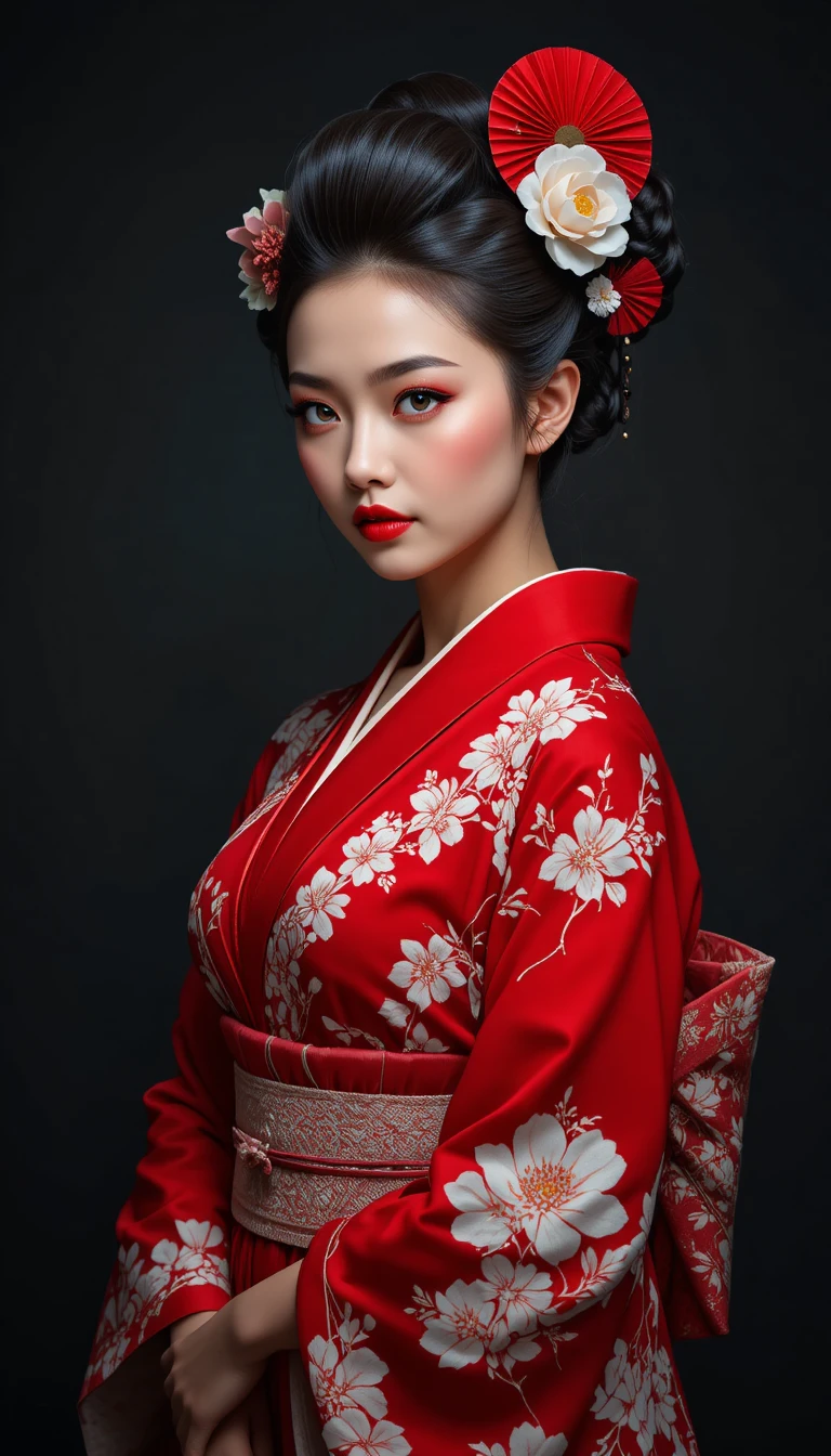 어두운 배경 앞 붉은 꽃무늬 기모노를 입은 동아시아 여성
