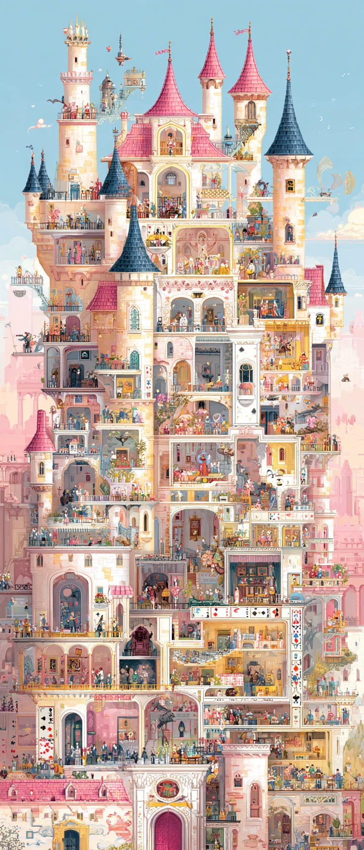Château féerique de Wonderland en coupe avec soldats-cartes