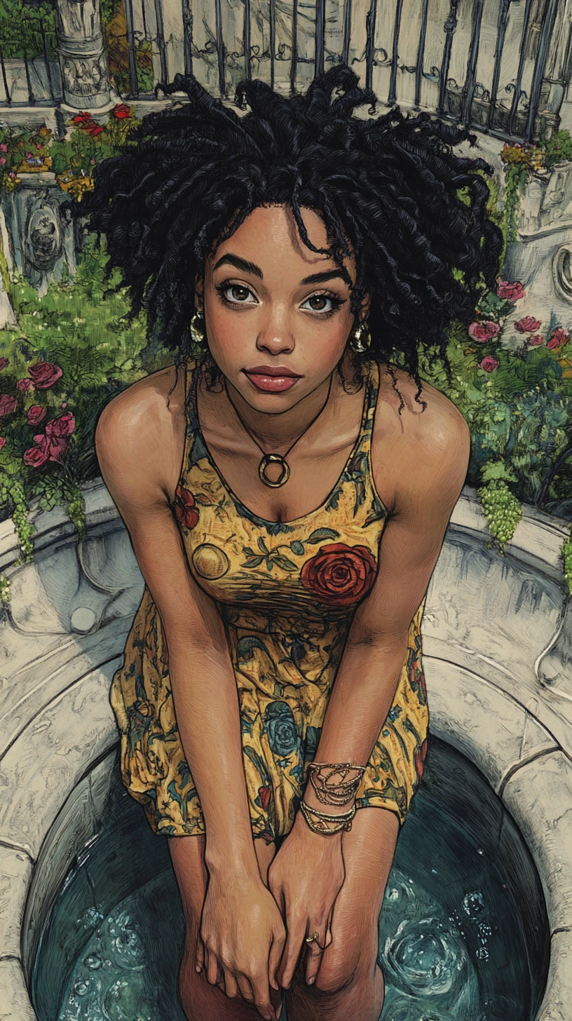 Curly haired woman on a stone fountain in color pencil