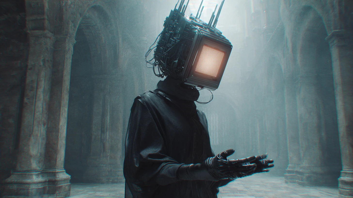 Homem blindado de preto em cena cinematográfica apocalíptica