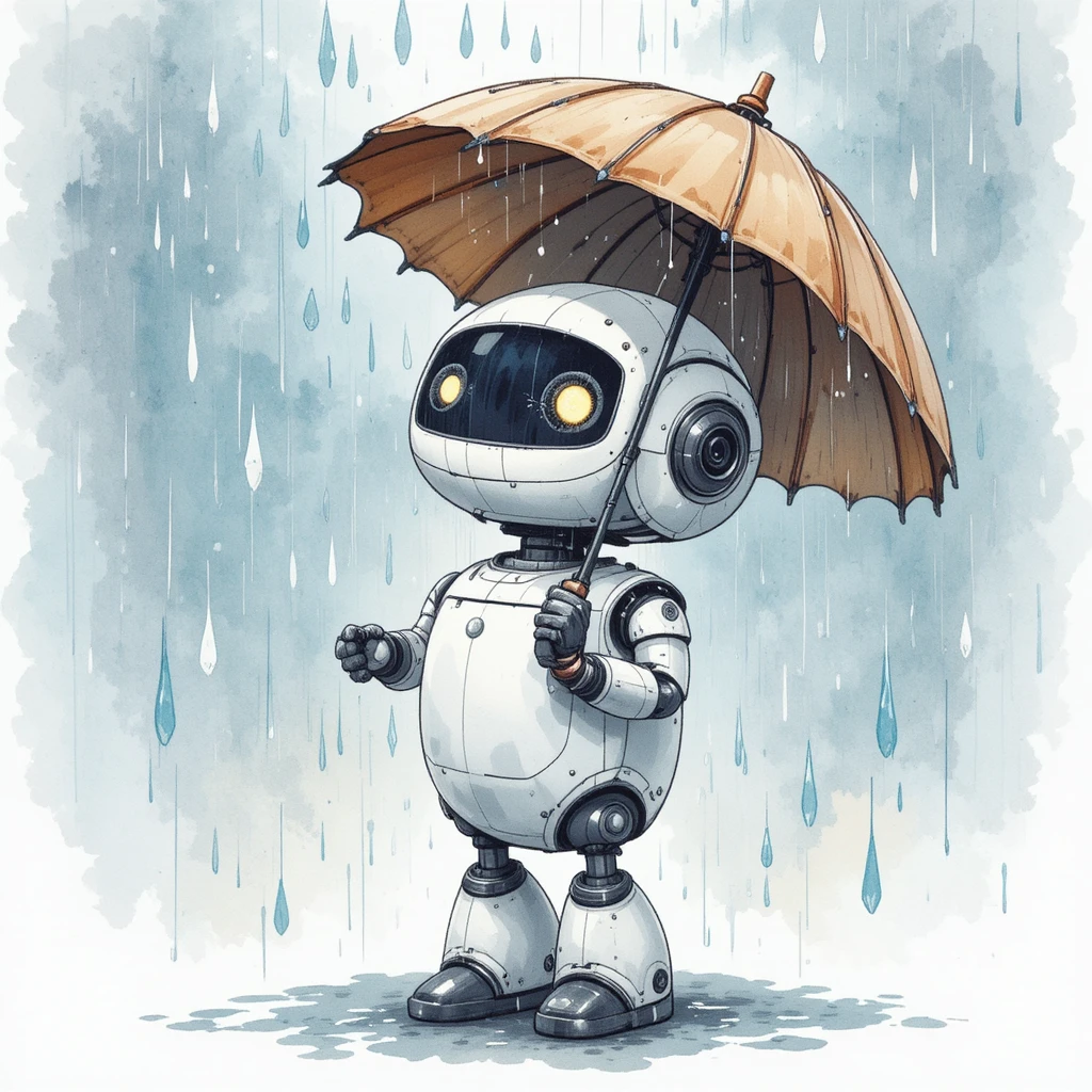 Adorável robozinho com guarda-chuva na chuva suave em aquarela