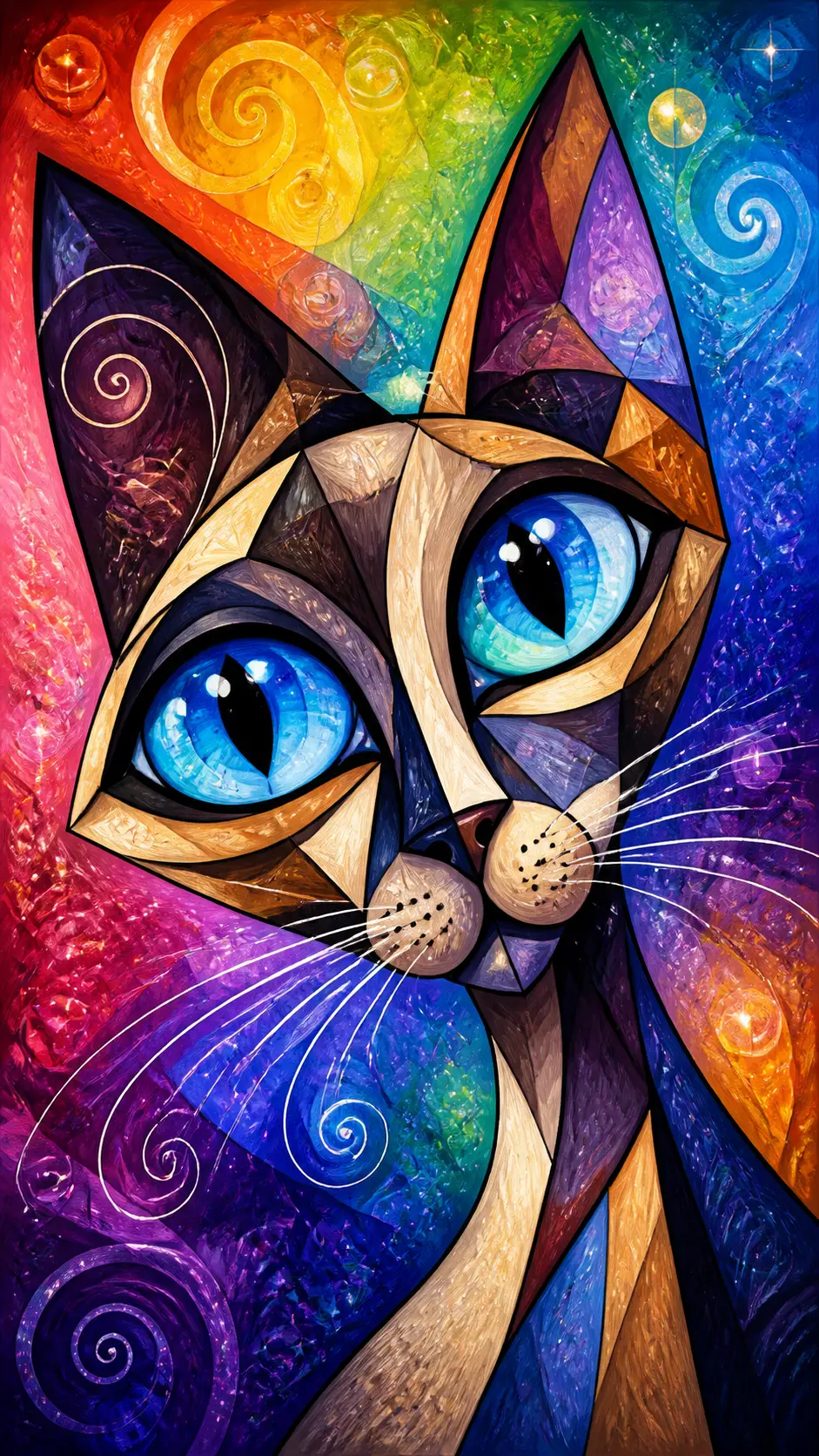Chat siamois cubiste en gros plan avec fond psychédélique arc-en-ciel