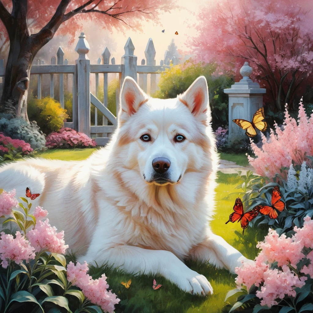 Cachorro fofinho no jardim cochilando entre flores de primavera e borboletas