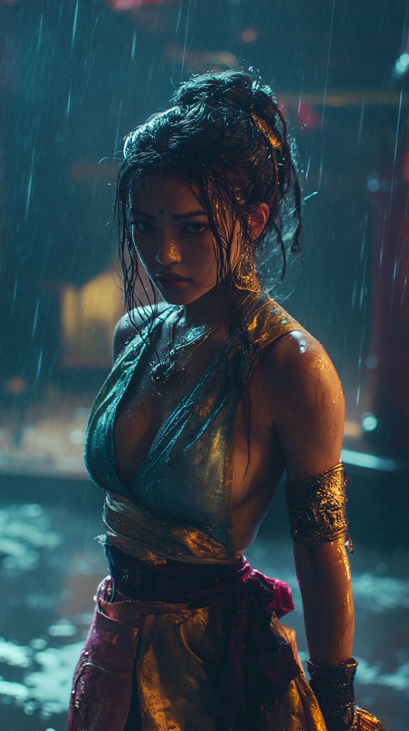 Anime warrior princess dancing on a dark stage